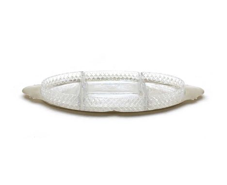 A silver and glass serving dish, Sheffield 1931, maker FC, of lobed oval form with handles at either end and four cut glass i