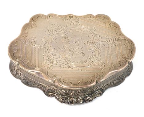 A silver snuffbox of military interest, by Cronin & Wheeler, Birmingham 1847, the cartouche-shaped body engraved with rococo 