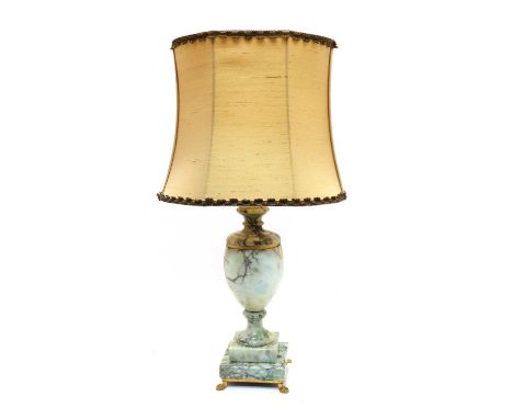 A veined white marble table lamp of urn form, on stepped base and gilt feet, 57cm high, including shadeCondition report: Mino