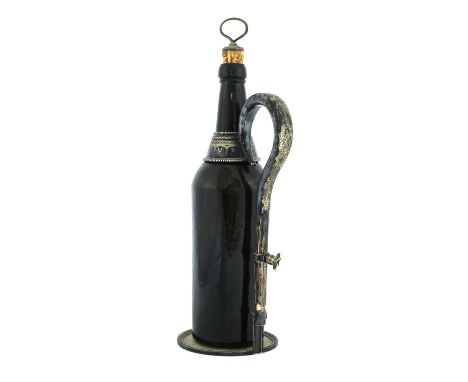 A silver-plated adjustable bottle holder, 19th century, with engraved decoration, housing an 18th century brown glass bottle 