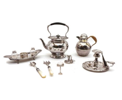 A silver plated inkstand of navette form, fitted pair of glass inkwells, 26cm wide, together with a collection of silver plat