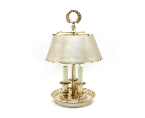 A silver plated bouillotte triple branch table lamp, having a metal satin finished shade on dish base, 42cm high Condition re