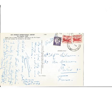 Maurice Chevalier note on reverse of Los Angeles Airport postcard 1957 written in English and French co-signed Danny Kaye as 