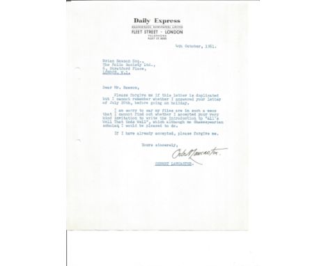 Osbert Lancaster Typed signed letter TLS 1961 on Daily Express letterhead re article for Folio Society. Sir Osbert Lancaster,