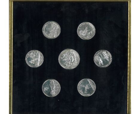 Victorian Medallion collection 7 base metal plated in silver they include The surrender of Sultan Tipu Sahib, and the handing