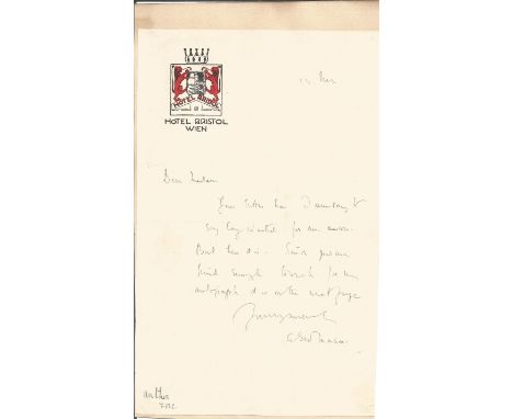 AEW Mason author hand written letter on Hotel Bristol Wien notepaper. English author and politician. He is best remembered fo