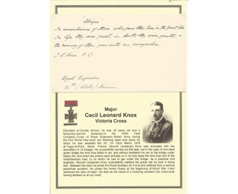 Major Cecil Leonard Knox VC signed and hand-written note on card, to remember those who gave their life in the Great War. Kno
