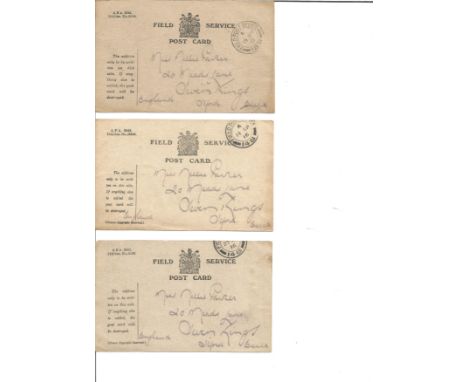 1915 Great War Field Service Postcards. Two cards with Army Post Office CDS postmarks. Both are crossed I am Quite Well. Good