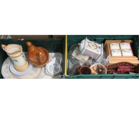 Two boxes of assorted china items to include: a brown hen egg crock, Aynsley 'Nursery Rhyme Collection' bowl and plate, 'Asia