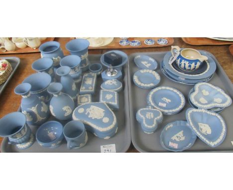 Two Trays of blue and white Wedgwood Jasperware comprising: vases, pin dishes lidded trinket boxes, small plates etc. Togethe
