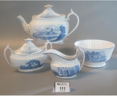 Group of four similar items of 19th century Spode china blue bat printed wares to include silver shaped teapot and cover, 'Be