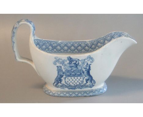 19thc Spode china blue and white transfer printed sauce boat with armorial decoration, Skinner & Company, 'To God only be all