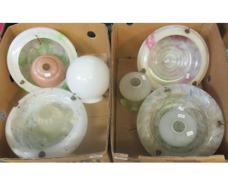 Two boxes of vintage glass ceiling light shades, some smaller glass pendant light shades and some larger marbled glass fixed 
