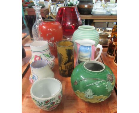 Tray of assorted china to include: green spherical Art Nouveau vase decorated with water lilies and a heron, small unmarked O