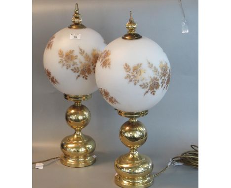 Pair of modern oil lamp style brass electric table lamps with glass floral shades. 60cm high approx. (2)(B. P. 21% + VAT) 