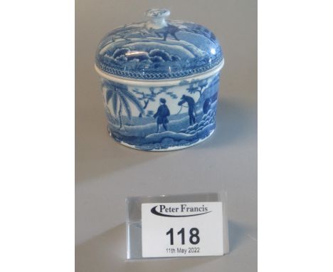 19th century Spode blue and white transfer printed china, Indian sporting design straight sided bowl with domed cover. 8cm di