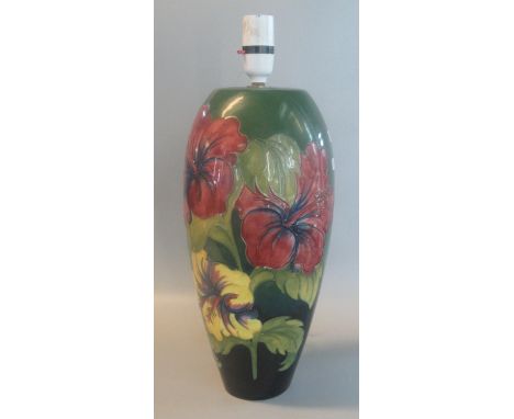 Moorcroft Art Pottery tube lined green ground 'Hibiscus' table Lamp base of ovoid form - 37cm high approx.  (B.P. 21% + VAT) 