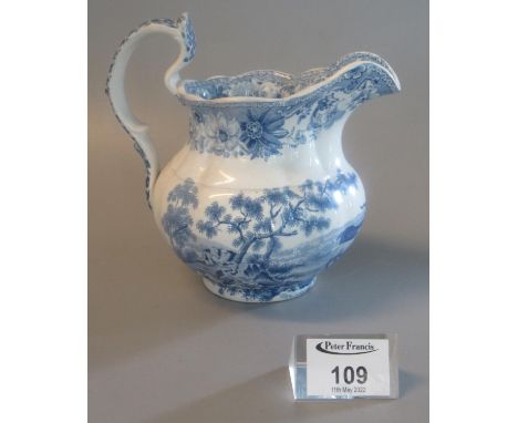 Early 19th century Spode blue and white transfer printed S Aesop's Fables series jug, 'The Wolf, the Lamb and the Goat'. Blue