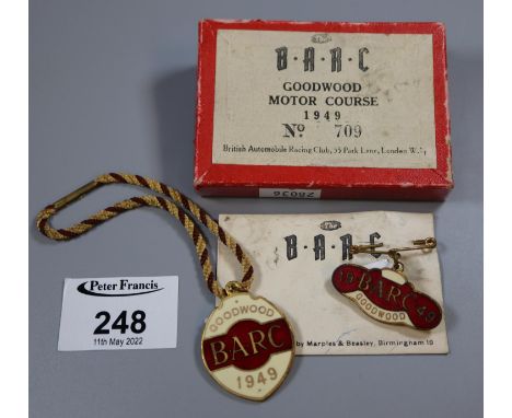 Goodwood Motor Racing Circuit, a 1949 BARC members enamel lapel badge with chord loop and a ladies pin bade in original box, 