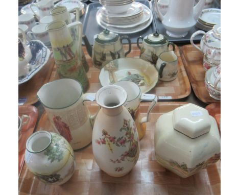 Two trays of, largely Royal Doulton china: two unusual Seriesware early 20th Century narrow, conical shaped jugs with Welsh L