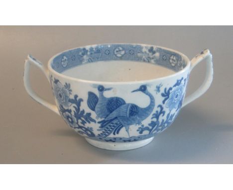 19thc Spode china two-handled bowl decorated in under glaze blue with Oriental cranes and flowers. Audrey White Collection la