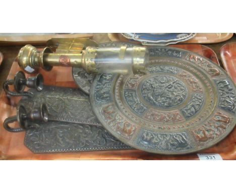 Tray of metal items to include: two candle wall sconces, shallow brass bowl with, possibly animals of the Chinese Year, aroun