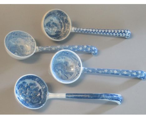 Four 19thc Spode blue and white transfer printed china ladles/sifter,(3+1), to include Oriental boy design, Castle design, an