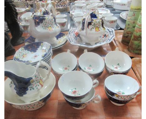 Two trays of Gaudy Welsh tulip design teaware to include large teapot, 2 sandwich plates, 11 dish saucers, and 10 teacups, mi