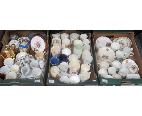 Three boxes of assorted china to include: collection of commemorative mugs, plates, cups, pin dishes etc. together with a Ham