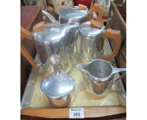 Piquotware set to include: Tea pot, Coffee pot and Water jug with milk jug and sucrier on a cream melamine tray with metal si