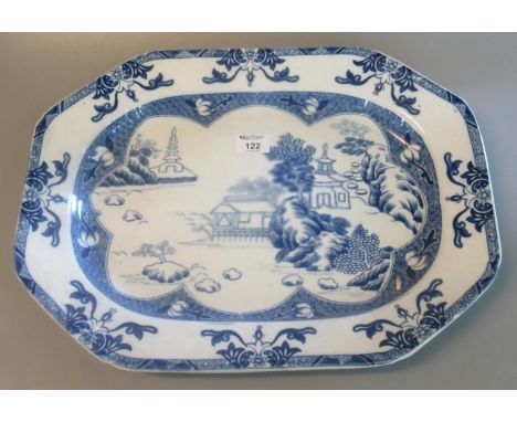 19th century Spode Ironstone china blue and white transfer printed octagonal dish, overall decorated with Oriental pagoda des