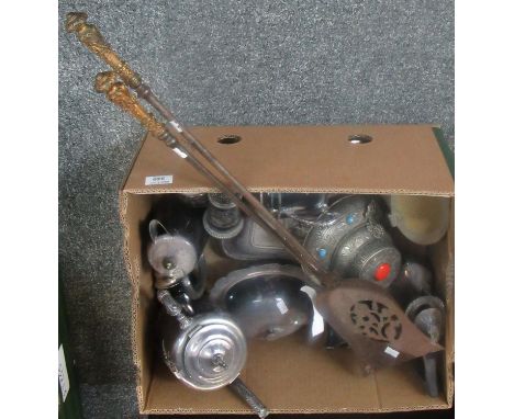 Box of assorted metalware to include poker and fire shovel, Simpson Hall Miller quadruple plate tea set with teapot, sugar ba