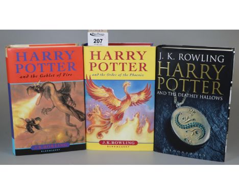 J. K. Rowling, three Harry Potter Books to include 'The Order of the Phoenix' first edition, 'The Goblet of Fire', and 'The D