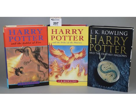 J. K. Rowling, three Harry Potter Books to include 'The Order of the Phoenix' first edition, 'The Goblet of Fire', and 'The D