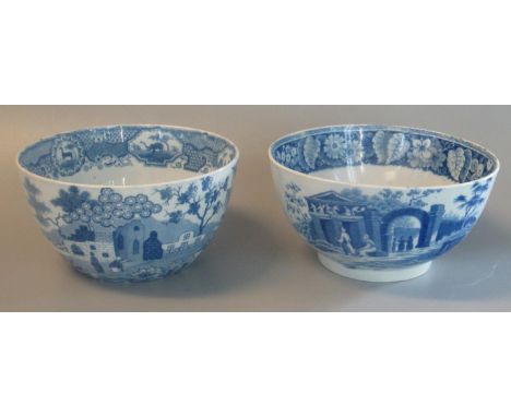 Two 19th century Spode blue and white transfer printed china sucriers in 'The Turk' and 'Gothic Castle' patterns. Both with A