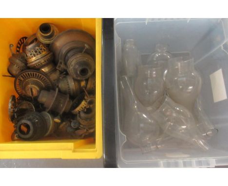 2 Boxes of oil lamp bases, parts and clear glass chimney.  (B.P. 21% + VAT) 