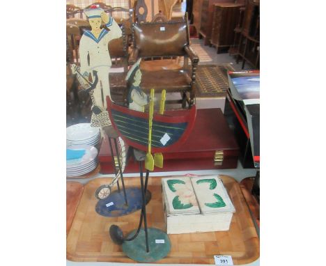 2 Folk Art Style pendulum automaton 2D metal toys, a sailor and a rowing sailor, together with hand-painted wooden 'theatre' 