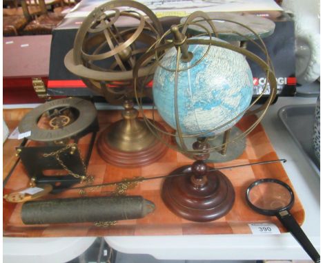 Tray with an armillary sphere, a small globe, an egg timer, and a small wall clock with pendulum and weight. (4) (B.P. 21% + 