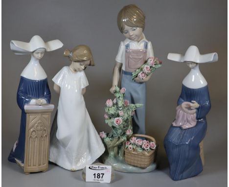 Selection of Lladro figurines to include, 'young girl with basket of flowers', bookends in the form of seated nuns and a Nao 