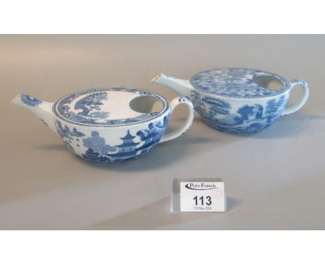 Two similar 19thc Spode china blue and white transfer printed feeding cups, one in Queen Charlotte design, the other Tower pa