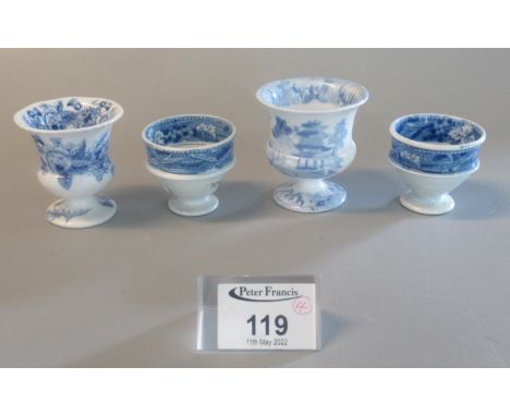 Collection of 19th century Spode blue and white china egg cups various, printed marks and Audrey White Collection labels. (4)