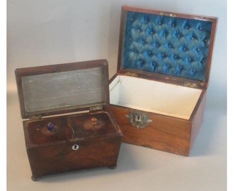 19th century two compartment sarcophagus-shaped tea caddy and a rosewood tea caddy. With a Victorian ladies work box having i