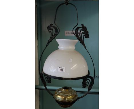 Early 20th century opaline glass shade with brass reservoir and art nouveau design metal, hanging lamp holder.(B.P. 21% + VAT