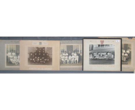 Group of six sporting photographic portrait groups to include City of Cardiff Highschool cricket 11 1921, Llandovery Collage 