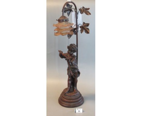 Art nouveau design bronzed figural table lamp decorated with young flute playing girl, having glass shade. 65cm high approx.(