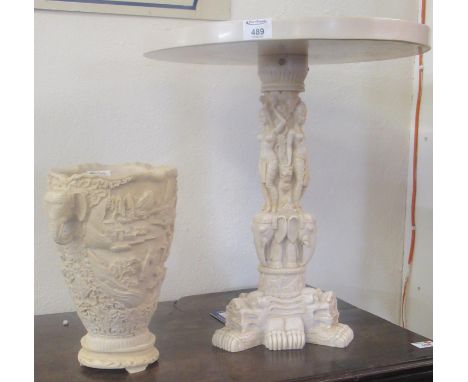 Indian design faux ivory lamp table and 2 handled elephant vase, all decorated with figures, elephants, Fo dogs etc.  (B.P. 2