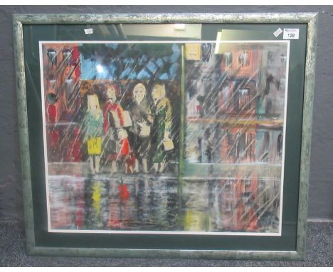 Manner of Vera Bassett, figures queueing in the rain at a bus stop, unsigned, water colours. 50 x 62cm approx. Framed. (B.P. 