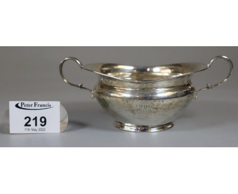 Early 20th century silver two-handled presentation bowl/sucrier, Welsh Springer Team, dated 1906. 2.38oz troy approx.(B. P. 2