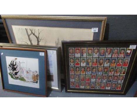 Group of assorted sporting prints, cigarette cards, etc. To include Will's, footballers, after Colin Whittock - a cartoon rug