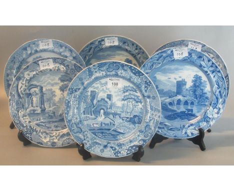 Collection of 19th c Spode blue and white transfer printed plates of differing designs including castle gate house, bridges, 